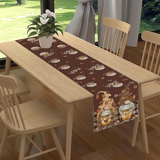 Coffee Time Table Runner, Farmhouse Retro Gnome Coffee Cup Tea Party Cafe Brwon - Image 3