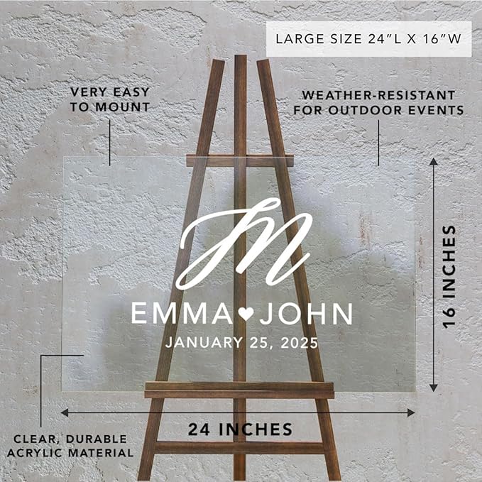 Andaz Press Custom Large Wedding Acrylic Sign, 16 x 24 Inches, Monogram Script - Image 7