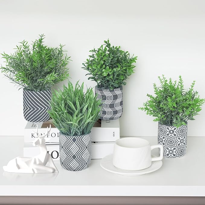 4 Pack Small Fake Plants, Fake Grass Plant, Artificial Boxwood & Rosemary - Image 4