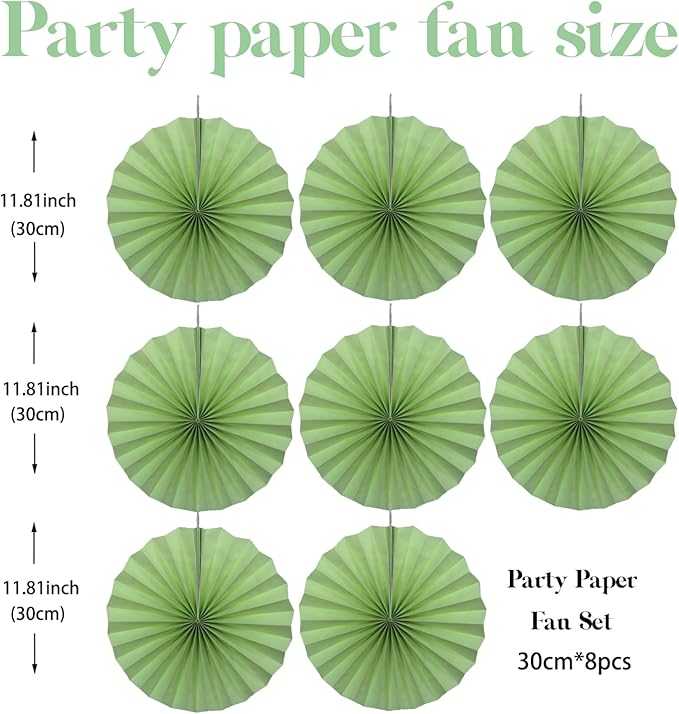 Green Hanging Paper Fans, 30 Color, DIY Set, Light Green, Military Theme - Image 2