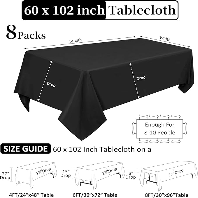 8 Pack Black Tablecloths 60 x 102 Inch Rectangular Table Cloths - Image 2