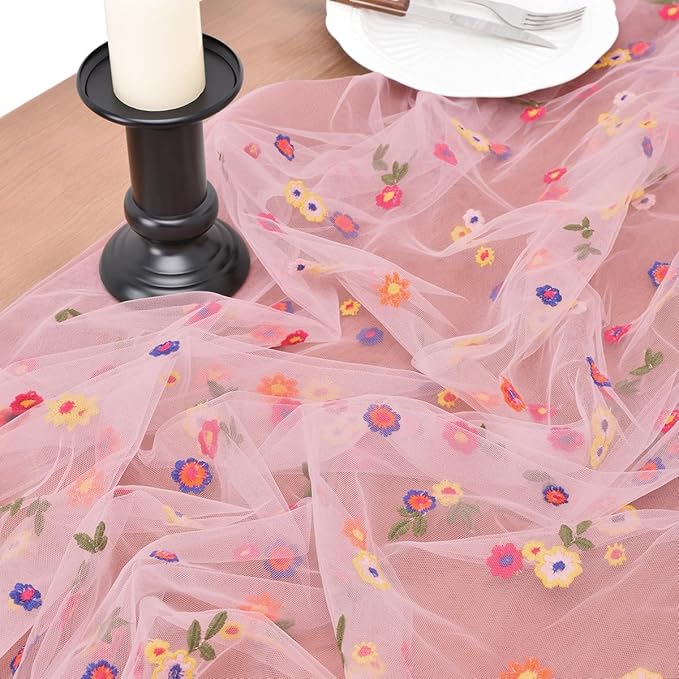 Joanlody 3pcs Blushing Pink Embroidery Daisy Fall Thanksgiving Table Runner - Image 3