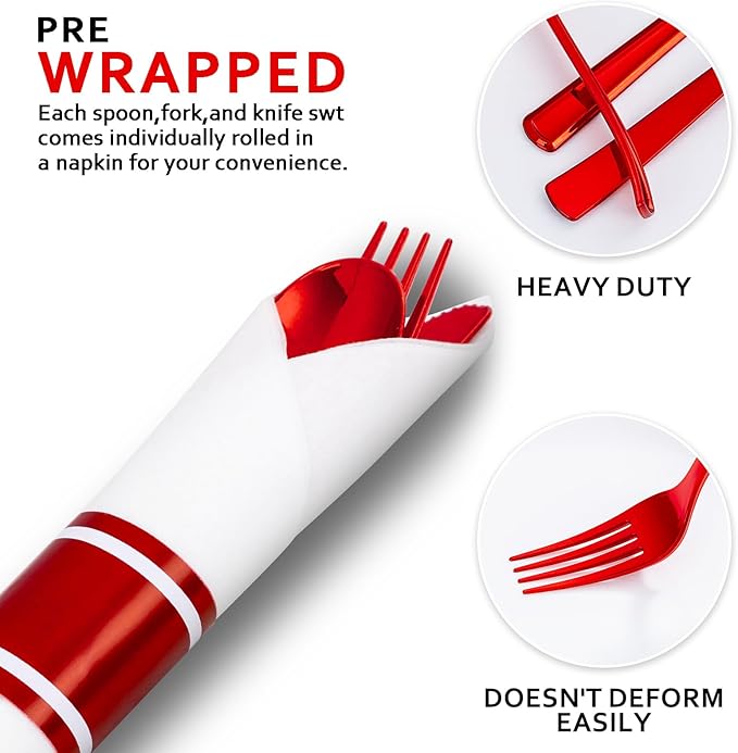 400PCS Pre Rolled Red Plastic Silverware Sets - Image 3