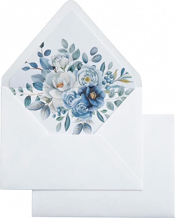 PONATIA 50PCS A7 Euro Flap White Envelope, 5.25 x 7.25'' Dusty Blue Flowers by ponatia