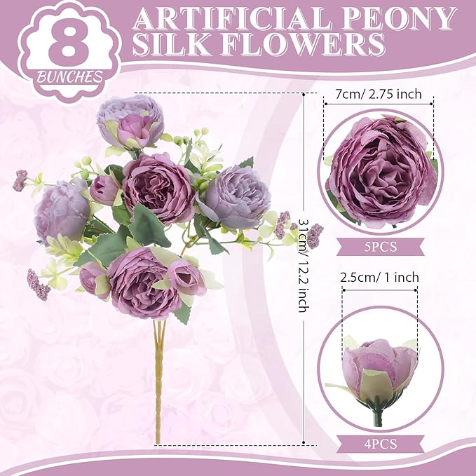 8 Bundles Artificial Peonies Flowers Boho Faux Flowers Arrangements Artificial - Image 2