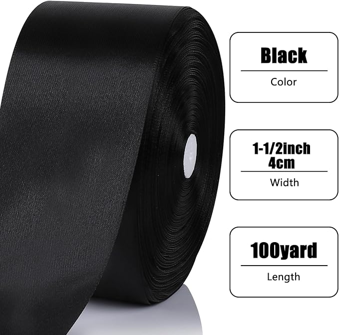 NESCCI 100 Yards Ribbon, 1-1/2 Inch Black Satin Ribbon, Single Face Satin - Image 2