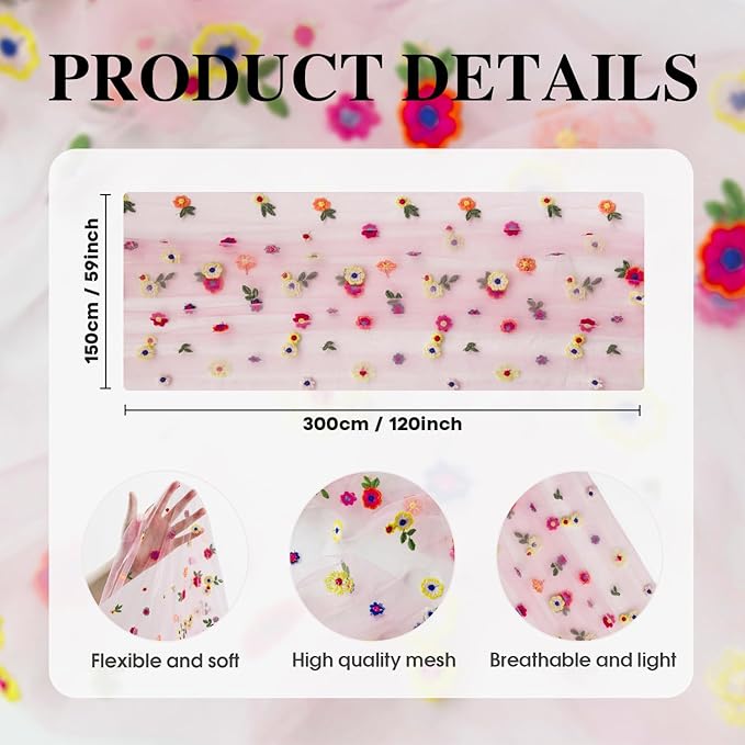 Artoid Mode Pink Embroidery Daisy Gauze Table Runner 120 Inch 10FT, Seasonal - Image 7
