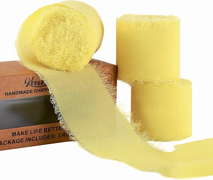 3 Rolls Cream Yellow Handmade Chiffon Ribbon, 1.5" x 21Yd Frayed Fringe Silk by KEOSREE