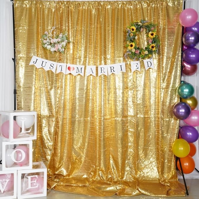 Poise3EHome 6Ft x 6Ft Gold Sequin Backdrop Curtain, Glitter Thick Satin Gold - Image 2