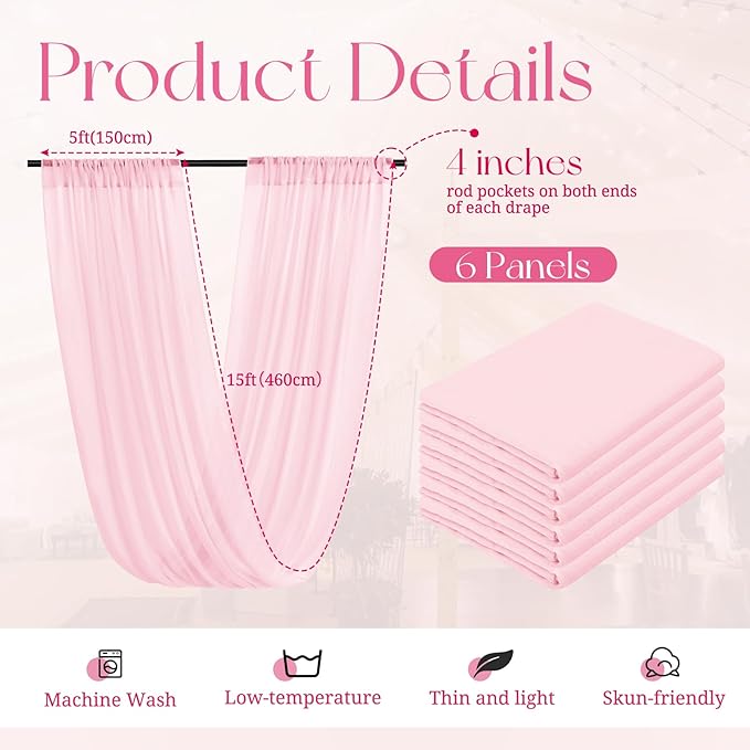 6 Panels Pink Ceiling Drapes for Wedding, 5ftx15ft Ceiling Drapes Cheesecloth - Image 2