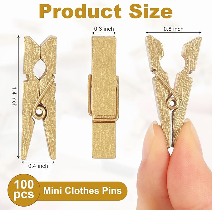 100 Pcs Gold Wooden Pins, 1.38 Inch Tapestry Clothes Pins Wall Clips Photo - Image 2