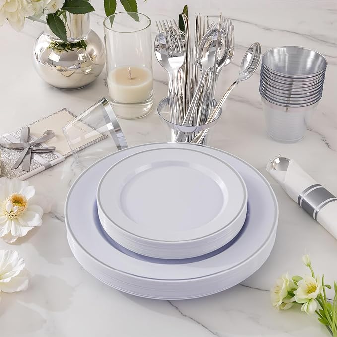SUT 175 Pcs Silver Plastic Dinnerware Set - Image 4