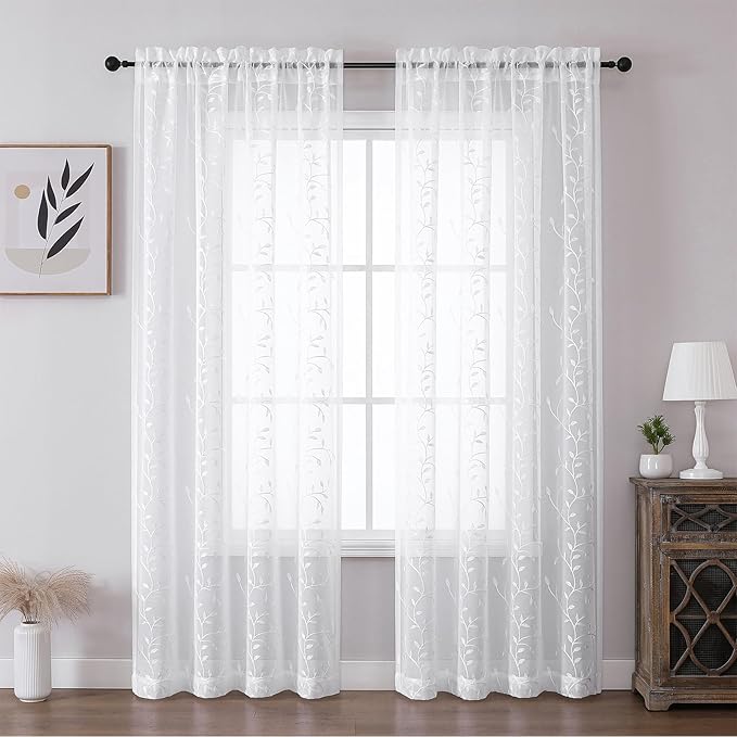 VISIONTEX White Sheer Voile Curtains, Decorative Leaves Embroidery Faux Linen - Image 2