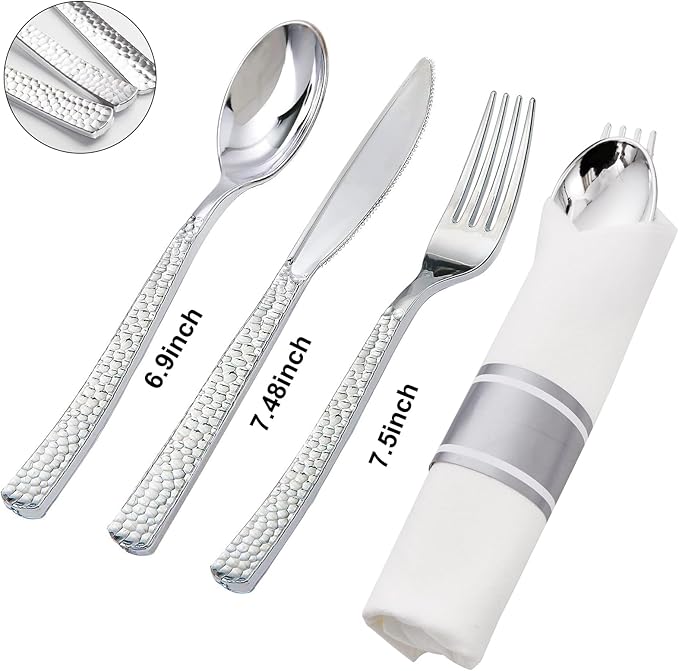 Supernal 60 Pack Pre-Rolled Silver Plastic Cutlery Heavy Duty Wrapped - Image 2
