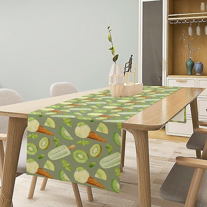 Summer Ice Cream Popsicles Table Runner, Watercolor Green Kiwi Seasonal Fruit - Image 2