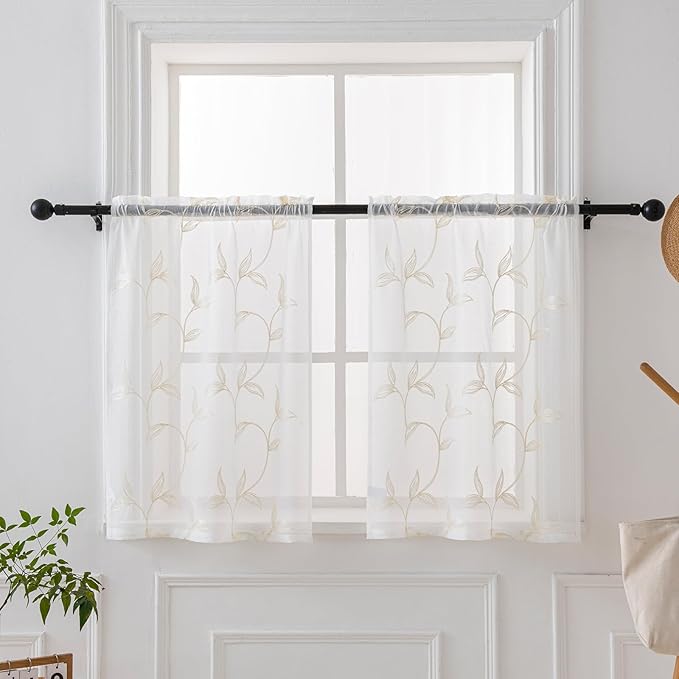 VISIONTEX White Sheer Voile Curtains, Decorative Leaves Embroidery Faux Linen by VISIONTEX