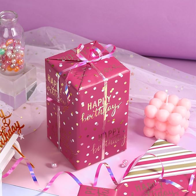 LeZakaa Reversible Pink Birthday Wrapping Paper Roll - Image 2