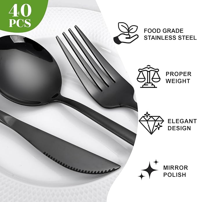NOCCUR 40-Piece Stainless Steel Black Silverware Set - Image 3