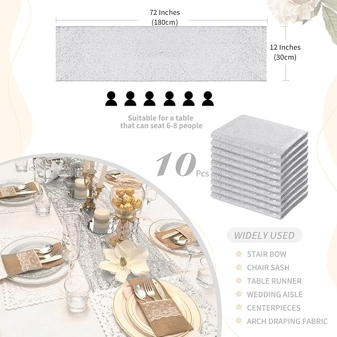 Silver Table Runner 10 Packs 12x72 Inch Sequin Glitter Table Runner - Image 3