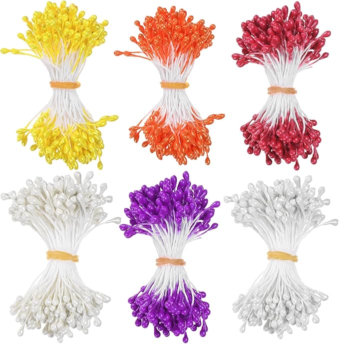 900-Pack Flower Stamens for Crafts, 5mm Double Heads Artificial Pearl Floral by MMETERXITY