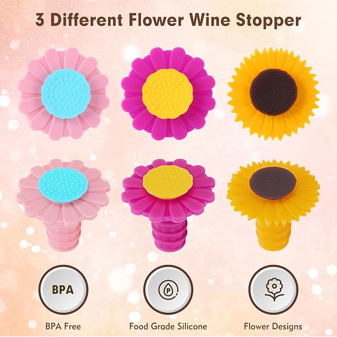 3 Pcs Wine Bottle Stopper, Silicone Sunflower Cute Wine Bottle Stopper - Image 3