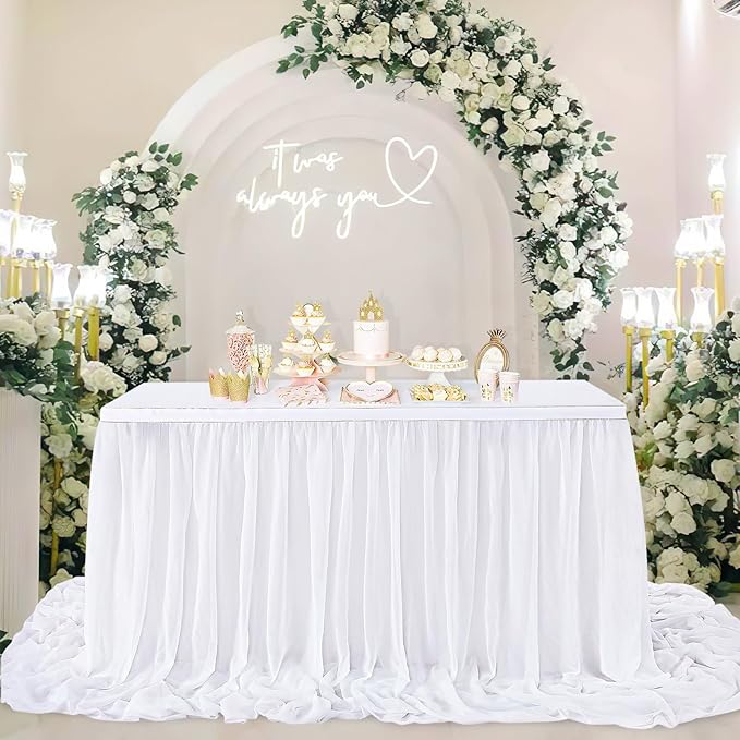 White Table Skirt for Rectangle Tables 14FT Chiffon Sheer Tablecloth for - Image 7