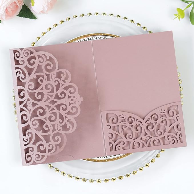 PONATIA 5.12 x 7.2 Dusty Rose Laser Cut Wedding Invitations, 5x7 Trifold Laser - Image 3