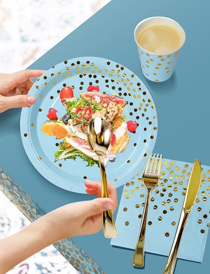 141 Pieces Light Blue and Gold Party Supplies, Party Dinnerware Sets Include - Image 4