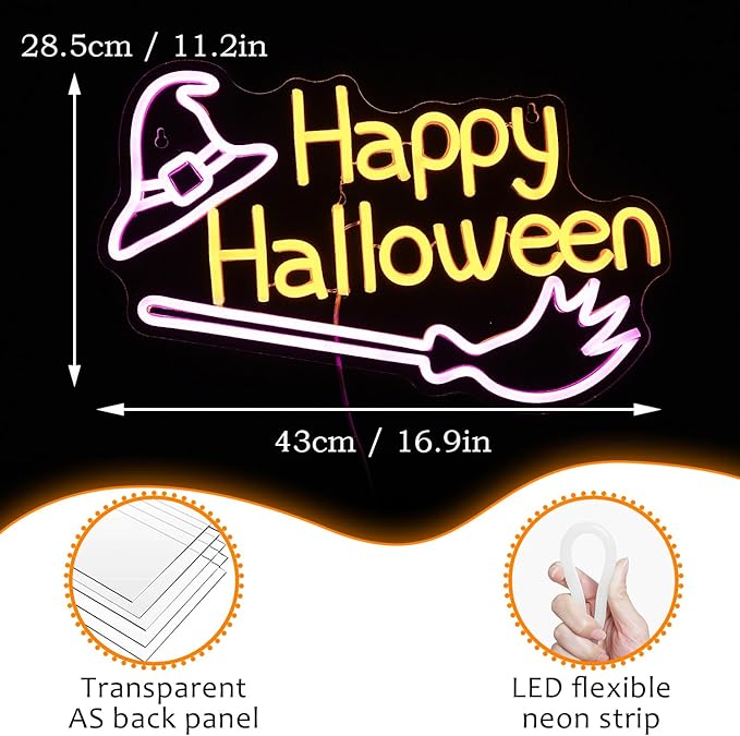 Happy Halloween Neon Sign Witch Hat Neon Sign Dimmable Broom Led Wall Decor - Image 4