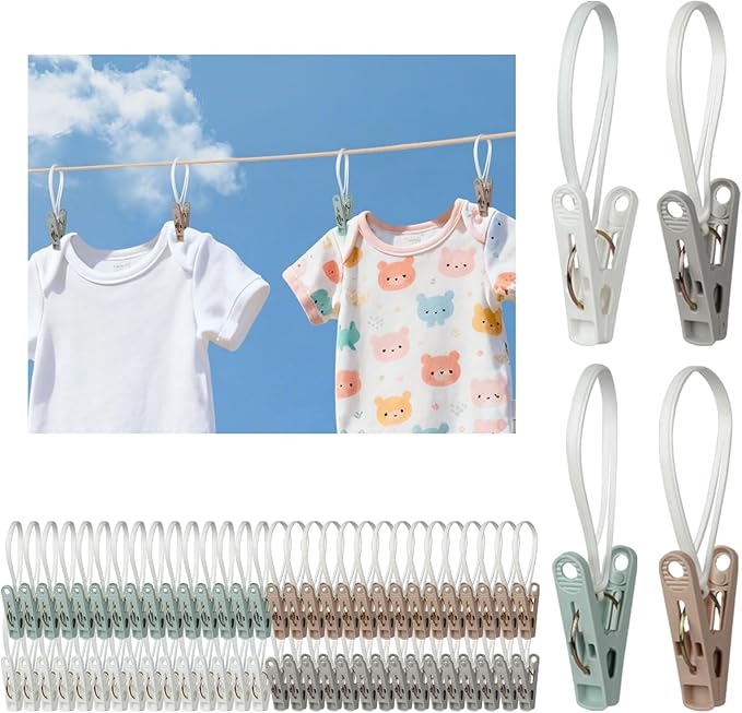 60 Pack Clothes Pins with Plastic Rope, Windproof Plastic Clothespins by Unknown