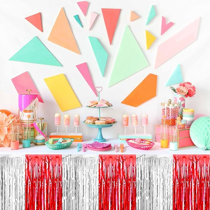 3 Pack Red and Silver Foil Fringe Table Skirts Metallic Tinsel Streamers - Image 5