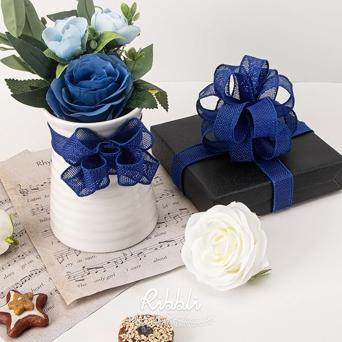 Ribbli Royal Blue Burlap Wired Ribbon, 1” Inch x Continuous 20 Yard, Big Bows - Image 2