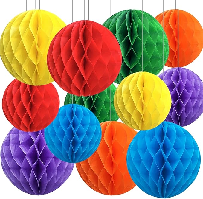 Rainbow Paper Honeycomb Balls, 12 Pack Colourful Hanging Tissue Pom Poms by SIPRKAICT