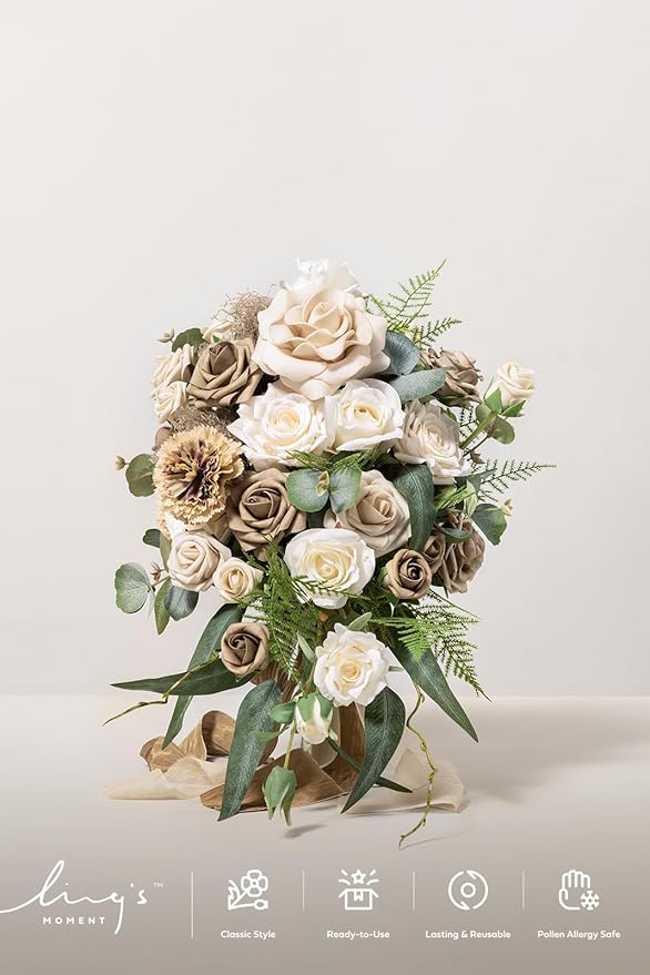 Ling's moment Intimate Brown Bridal Bouquet Cascading, 13 Inch Bride Bouquets - Image 3