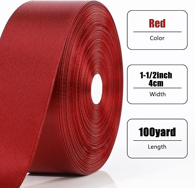 NESCCI 100 Yards Ribbon, 1-1/2 Inch Wine Red Satin Ribbon, Single Face Satin - Image 2