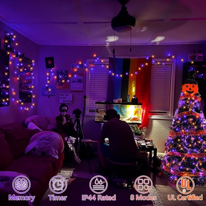 YEGUO 66ft 200 LED Orange and Purple Halloween Lights Outdoor Waterproof - Image 2