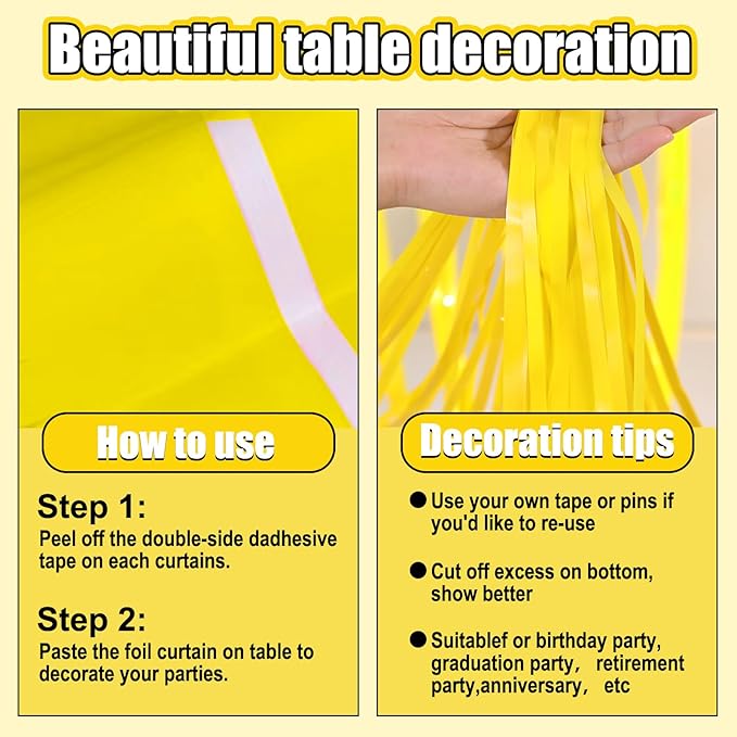 3 Pack 29 x108 Inch Macaron Yellow Foil Fringe Table Skirts Metallic Banner - Image 3