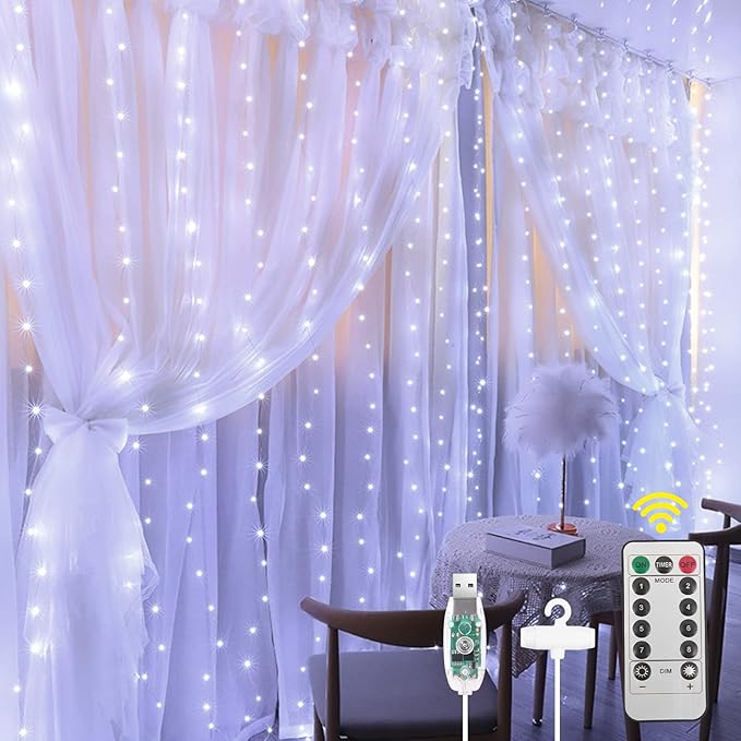 AOMIG Fairy Curtain Lights, 300 LED White Window Curtain String Light, 8 Modes by AOMIG