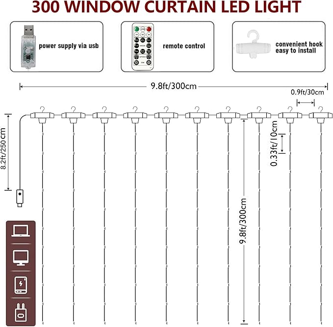 HOME LIGHTING Window Curtain String Lights, 300 LED 8 Lighting Modes Fairy - Image 4