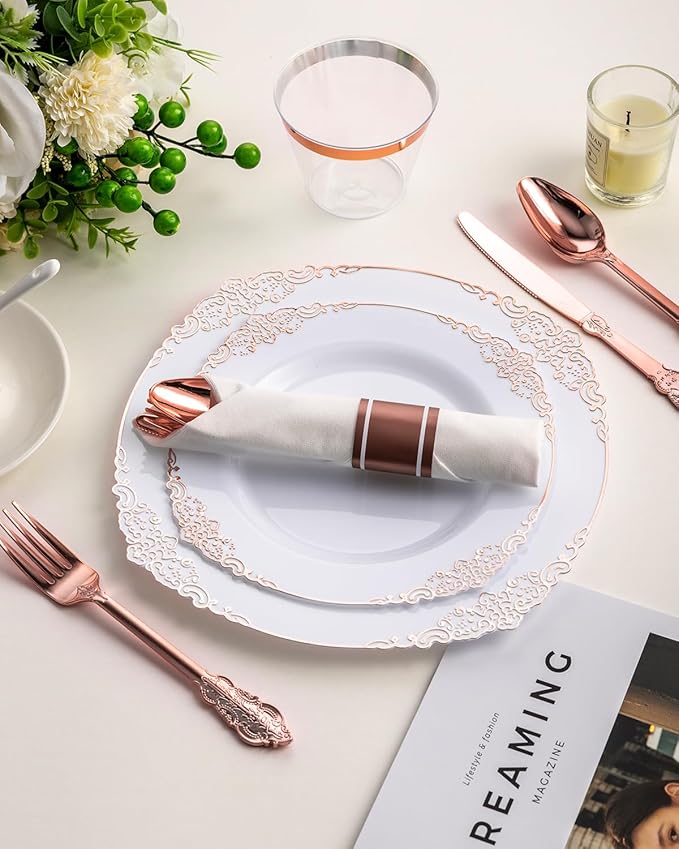 Goodluck 350 Piece Rose Gold Plastic Dinnerware Set - Image 7