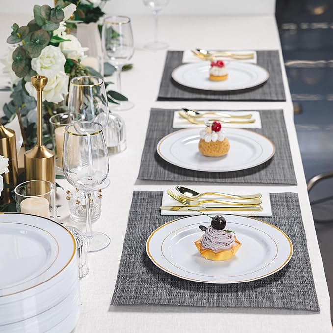 N9R 100PCS Gold Plastic Plates, 10.25 inch White Disposable Dinner Plate - Image 7