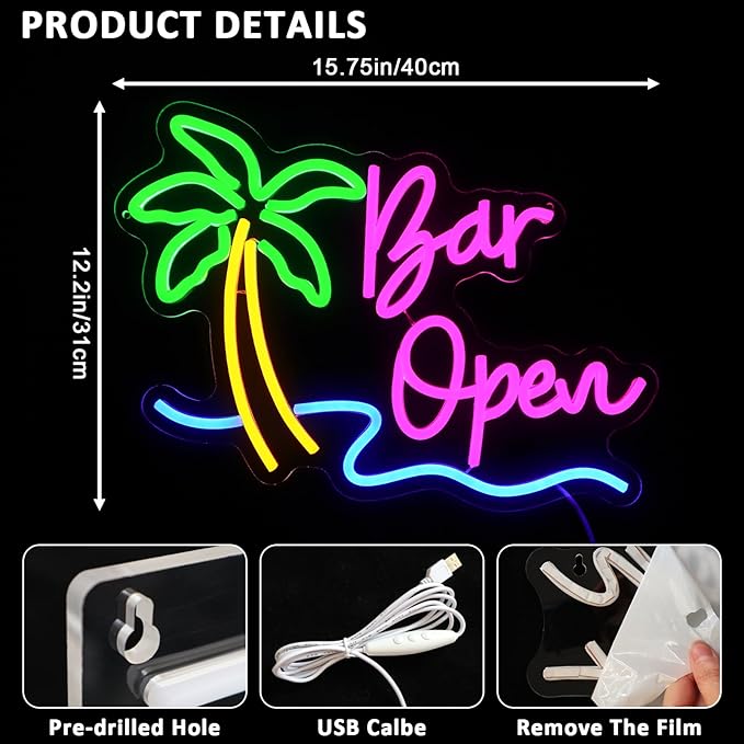 Bar Open Sign for Business, Neon Open Sign, USB Dimmable Palm Tree Neon Lights - Image 2