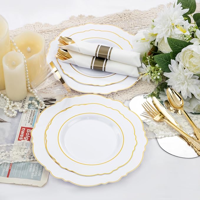 Liacere 350PCS Gold Plastic Plates-Disposable White and Gold Plates 50guest - Image 4