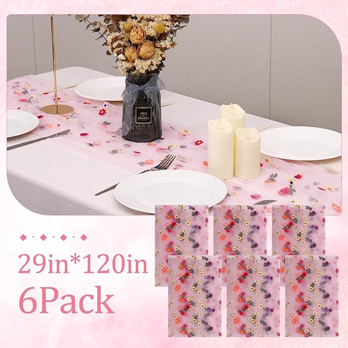 6PCS Pink Floral Table Runner 10 FT, Embroidery Daisy Table Runners Seasonal - Image 2