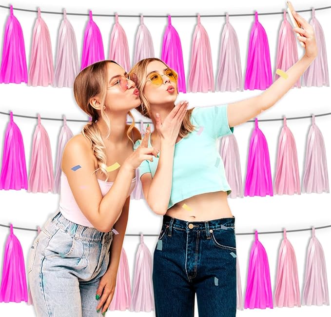 3P Maca-Rose Red Pink LightPink Metallic Fringe Banner Garland Foil Tinsel - Image 4