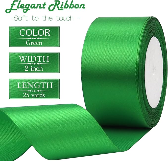 Green Solid Satin Ribbon 2 Inch 25 Yards Solid Polyester Fabric Ribbon - Image 3