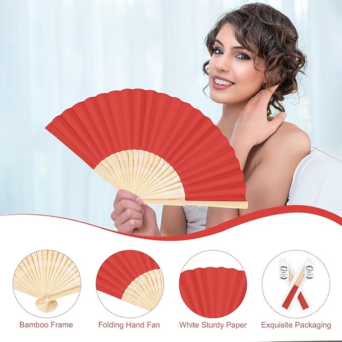 50Set Wedding Hand Fans Party Favors Red Paper Folding Handheld Fans Bulk - Image 3