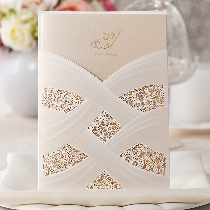 Hosmsua 50PCS Customized Ivory Wedding Invitations Kit 5.12x7.2 Inch Laser Cut by Hosmsua