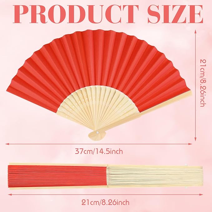 12 Pieces Red Hand Held Bamboo Folding Fans Paper Fans Handheld - Image 2