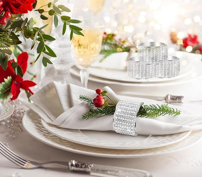 Silver Pearls 6pcs Napkin Rings Rhinestone Crystal Glass Framed Napkin Holder - Image 4